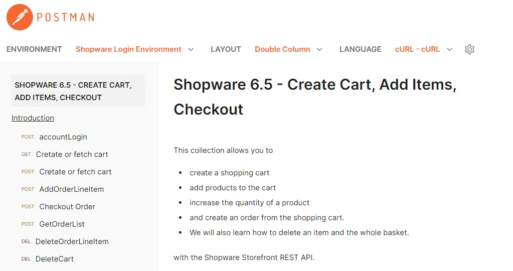 Postman Collection for Creating Carts, Adding Products, and create an Order