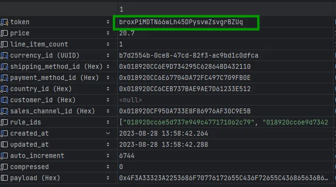 Cart entry in the Shopware database before login.