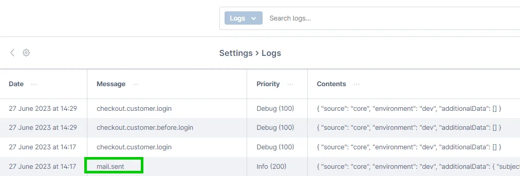 Shopware log messages