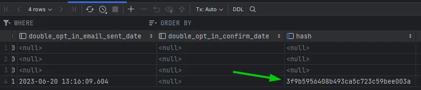 Customer table entry with hash