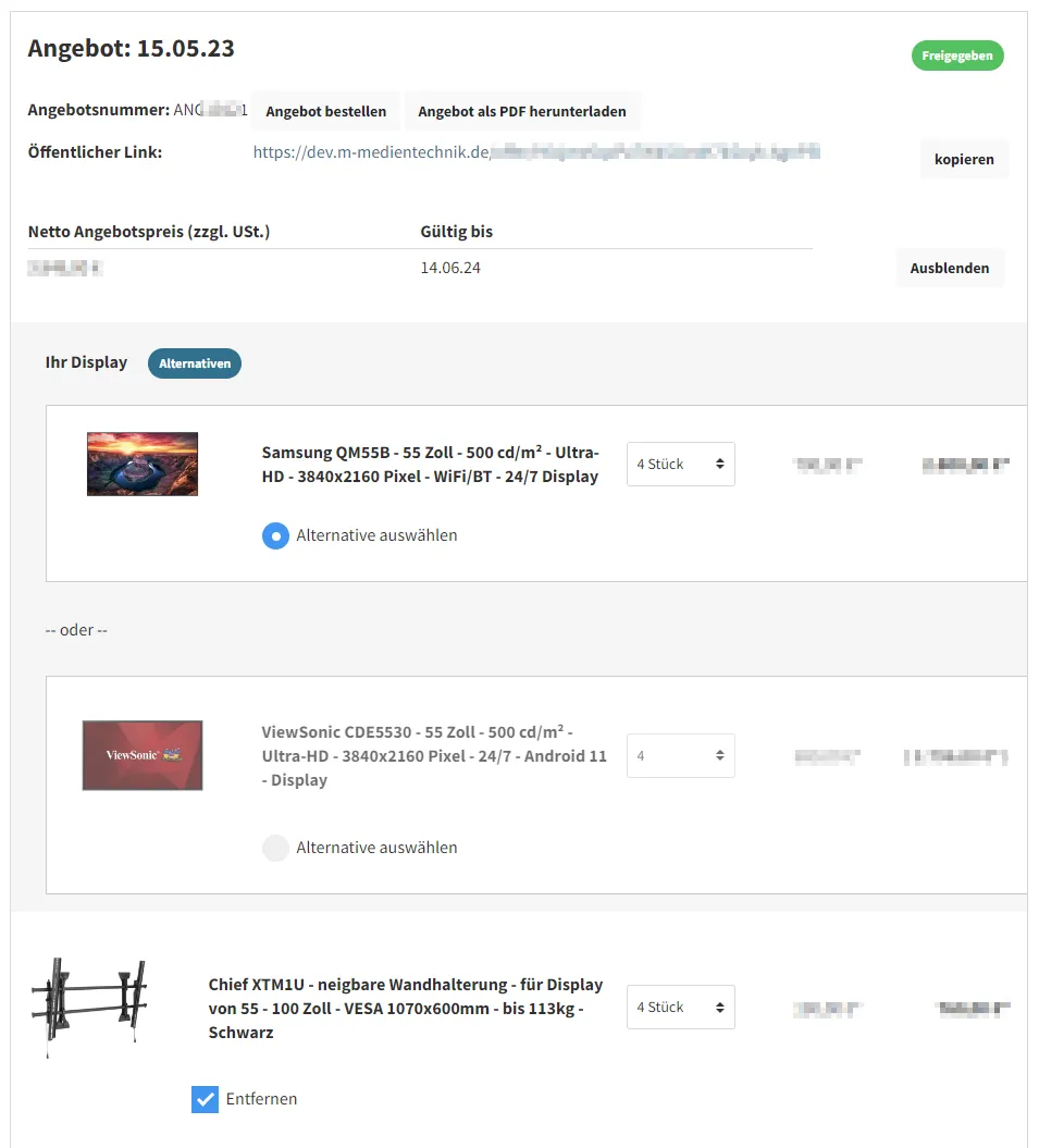 Frontend: Der Kunde kann ein freigegebenes Angebot konfigurieren und als PDF herunterladen oder direkt online Bestellen