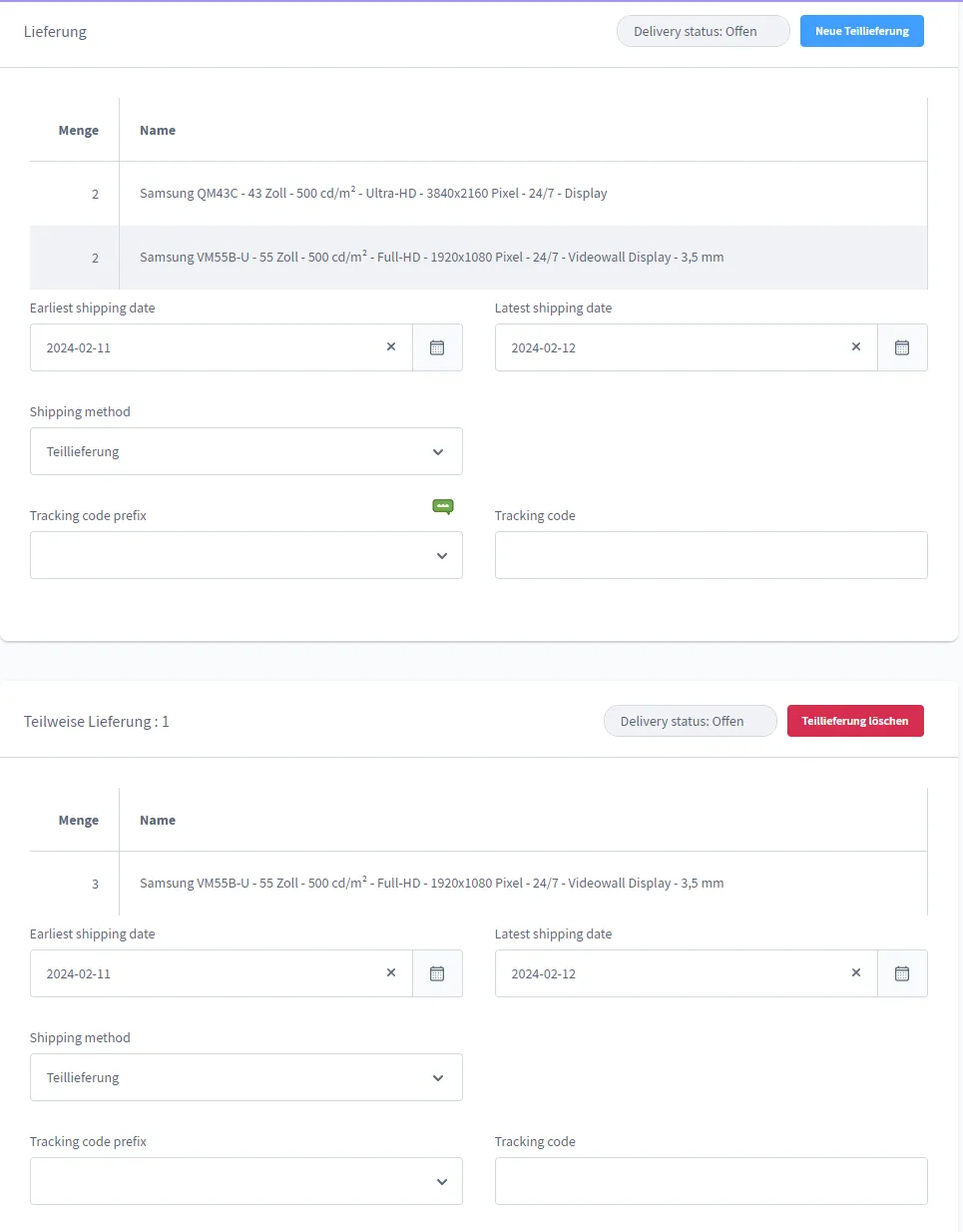 Admin: Die neue Teillieferung wird angezeigt. Tracking-Code und weitere Daten können eingegeben werden.